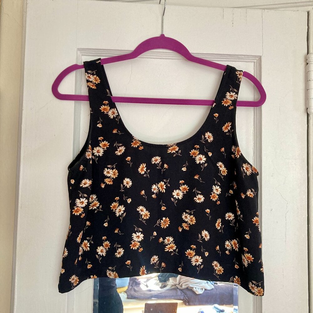 Forever 21 Floral Crop Tank Top M Black Orange Daisy Summer